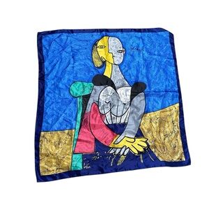 Picasso Poly Silk Cubist Scarf in Blue and Tan